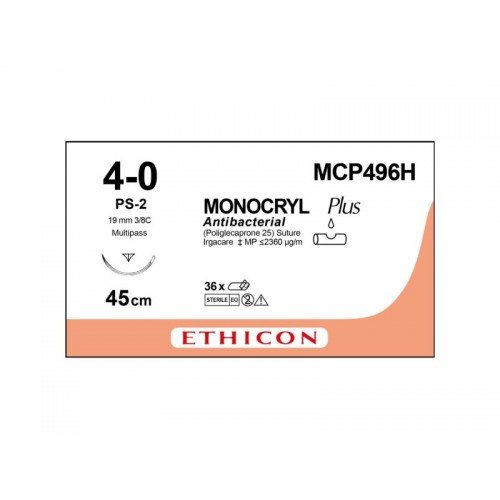 Monocryl Plus MCP496H Suture 4-0 Undyed 45cm, 19mm 3/8 Circle Reverse Cutting PRIME Needle (Box of 36) (Formerly W3206, MPY496H, MPY501H, MPY494H) Monocryl Plus MCP496H Suture 4-0 Undyed 45cm, 19mm 3/8 Circle Reverse Cutting PRIME Needle (Box of 36) (Formerly W3206, MPY496H, MPY501H, MPY494H)