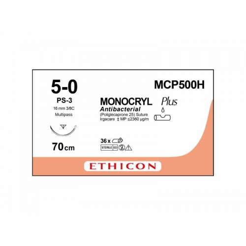 Monocryl MCP500H Suture 5-0 Undyed 70cm, 16mm 3/8 Circle Reverse Cutting Prime Needle (Box of 36) (Formerly MPY500H, W3204) Monocryl MCP500H Suture 5-0 Undyed 70cm, 16mm 3/8 Circle Reverse Cutting Prime Needle (Box of 36) (Formerly MPY500H, W3204)