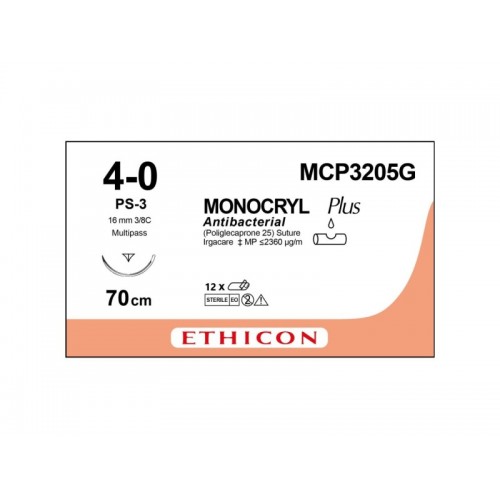Monocryl Plus MCP3205G Antibacterial Suture 4-0 Undyed 70cm, 16mm 3/8 Circle Reverse Cutting MultiPass Needle (Box of 12) (Formerly W3205) Monocryl Plus MCP3205G Antibacterial Suture 4-0 Undyed 70cm, 16mm 3/8 Circle Reverse Cutting MultiPass Needle (Box of 12) (Formerly W3205)